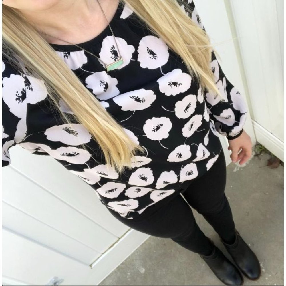 LOFT Womens Blouse Top XS Black Poppy Floral Chiffon Long Peasant Sleeve